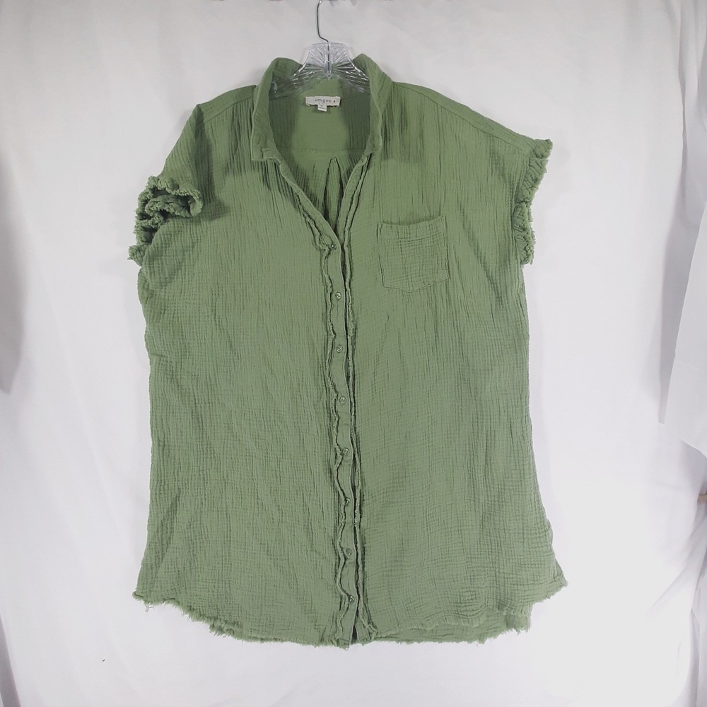 Umgee‎ USA Sage Green Gauze Cotton Frayed Button Front Top XL Grunge